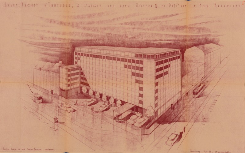 Op de hoek van de Filips de Goedstraat en de Jozef II straat, kantoorgebouw ontworpen door de architecten Philippe Dumont en José Vanden Bossche (gesloopt), perspectief, SAB/OW 81864 (1963).