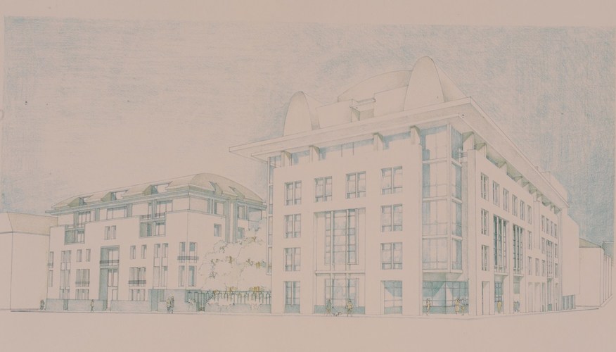 In het eerste straatgedeelte van de Filips de Goedestraat aan onpare kant, kantoor- en woningencomplex in 1989-1990 ontworpen door de Groep Planning voor de Volksverzekering, perspectief, SAB/OW 95328 (1990).