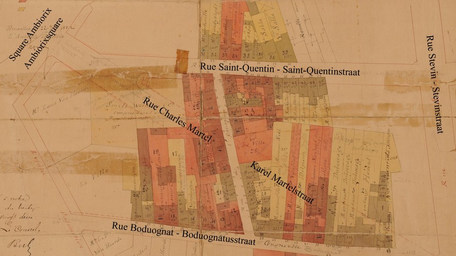 Detail van het plan voor de heraanleg van de voormalige Granvellewijk, in 1882 ontworpen door Gédéon Bordiau. De Saint-Quentinstraat wordt rechtgetrokken en verbreed; de vroegere bebouwing werd gesloopt (SAB/PP 3476).