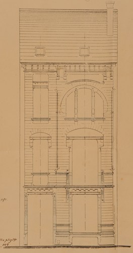 Rue Saint-Quentin 28, élévation non réalisée, vraisemblablement dessinée par l’architecte Gustave Strauven, AVB/TP 21433 (1899).