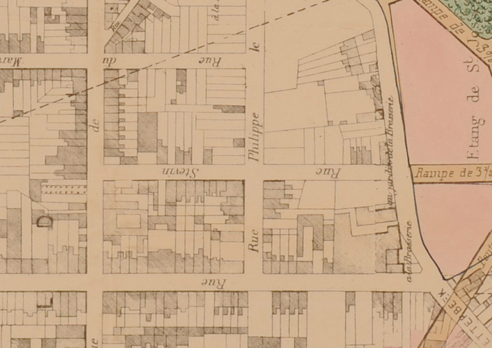 La rue Stevin encore limitée à deux tronçons, détail du [i]Plan d'extension du quartier Léopold vers et au-delà des étangs dits de Saint-Josse-ten-Noode[/i], conçu par le baron de Jamblinne de Meux en 1870, AVB/PP 948.
