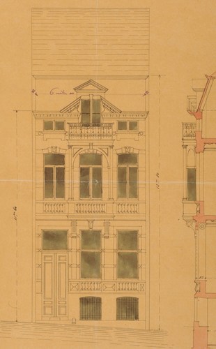 Rue Stevin 105 (démoli), conçu par l'architecte G. Almain-De Hase, élévation, AVB/TP 22557 (1884).