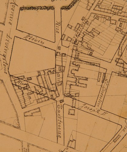 Het tracé van de Willem de Zwijgerstraat loopt doorheen de bebouwing van de Granvellestraat, detail van de heraanleg van het noordoostelijk gedeelte van de Leopoldswijk ontworpen door Gédéon Bordiau, SAB/PP 957 (1879).