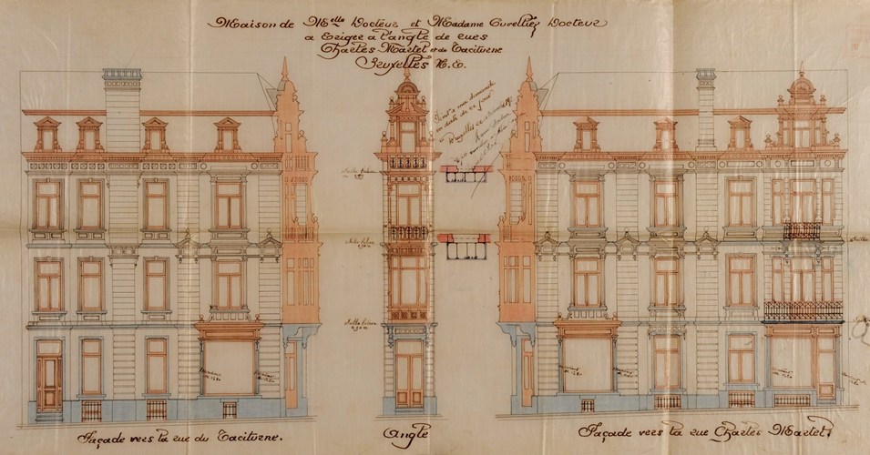 Rue du Taciturne 37-39, architecte L. Neirynck, élévation d’origine, AVB/TP 8741 (1897).