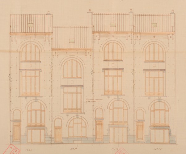 Rue Van Ostade 12 à 18, quatre maisons dont seule la première fut bâtie selon ces plans, élévations, AVB/TP 7912 (1913). 