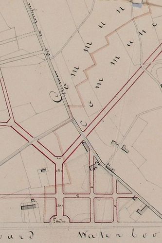 Le tracé de la chaussée de Charleroi sert de référence pour la création de la place Stéphanie. Plan de Charles Vanderstraeten du 09.02.1839, AVB/TP 26822 (1839)