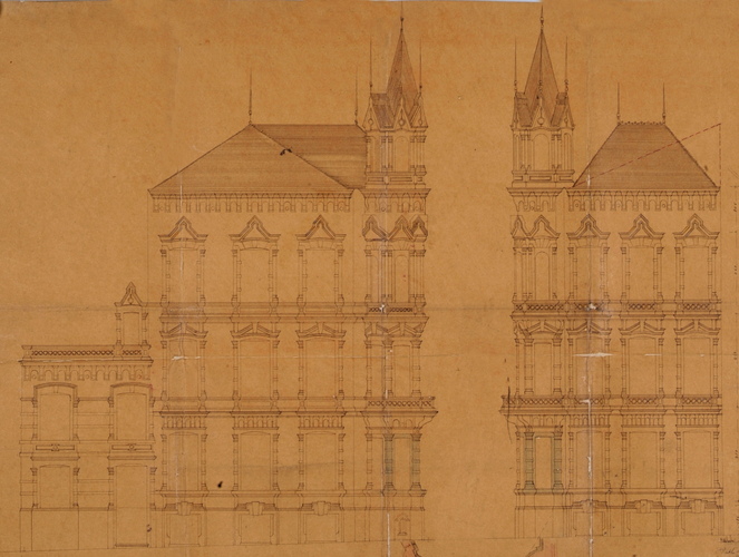 À l'angle de la rue Lesbroussart (no 128) et de l'avenue Louise (no 196-198a), hôtel particulier de style éclectique (démoli), architecte JACOBS, élévation, AVB/TP 14490 (1871)