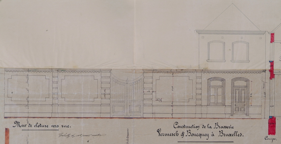 Rue de Tenbosch, Brasserie Louise, bâtiment et mur de clôture à front de rue, élévation, AVB/TP 22856 (1875)