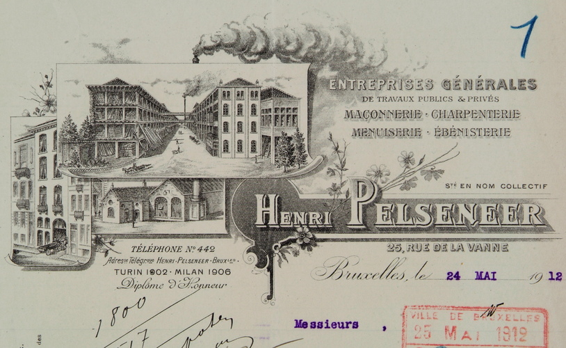 En-tête d'une lettre de 1912, émanant des entreprises générales P. A. PELSENEER et montrant leurs bâtiments au nsupo/sup 25 rue de la Vanne, AVB/TP 20662.