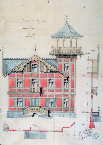 Avenue Victoria 4, le 'chalet' conçu en 1871 par l'architecte Félix KUFFERATH (démoli), élévation, AVB/TP 6492 (1871).BR
