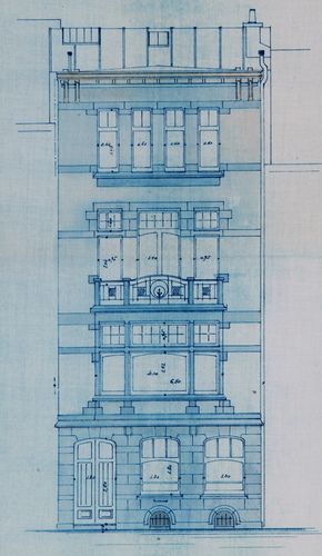 Chaussée de Vleurgat 184, maison d'inspiration Art nouveau, aujourd'hui abîmée par le percement d'un r.d.ch. commercial, élévation, AVB/TP 1470 (1907)