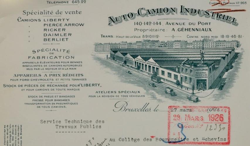 Briefhoofd van de firma [i]Auto-Camion Industriel[/i], waarop het geheel gebouwd op de hoek van de Claessensstraat en de Havenlaan, SAB/OW 47503 (1924).