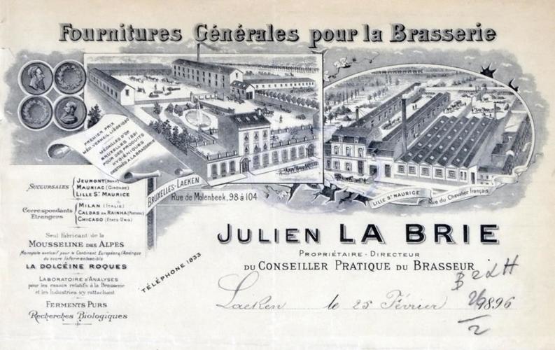 En-tête de lettre de la firme Julien La Brie, figurant à gauche l’établissement de la rue de Molenbeek n[sup]os[/sup] 96 à 102, AVB/TP Laeken 1076 (1896).