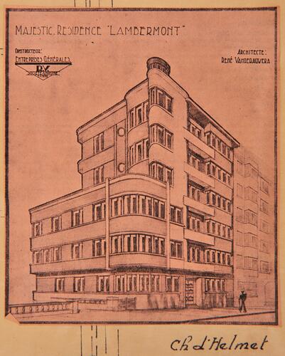 Boulevard Lambermont 177-179, projet, non réalisé comme tel, d'ensemble de style Paquebot, perspective, ACS/Urb. 164-177 (1938).
