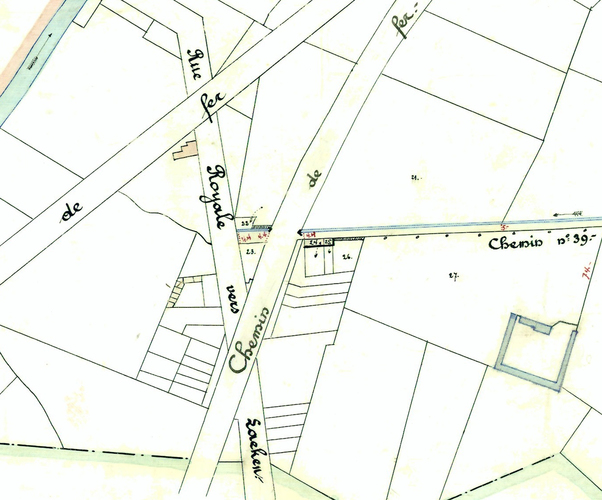Detail uit de [i]Atlas des chemins vicinaux de Schaerbeek[/i], waarop het oude verloop van de Paviljoenstraat omstreeks 1840, GAS/OW Infrastructuur.