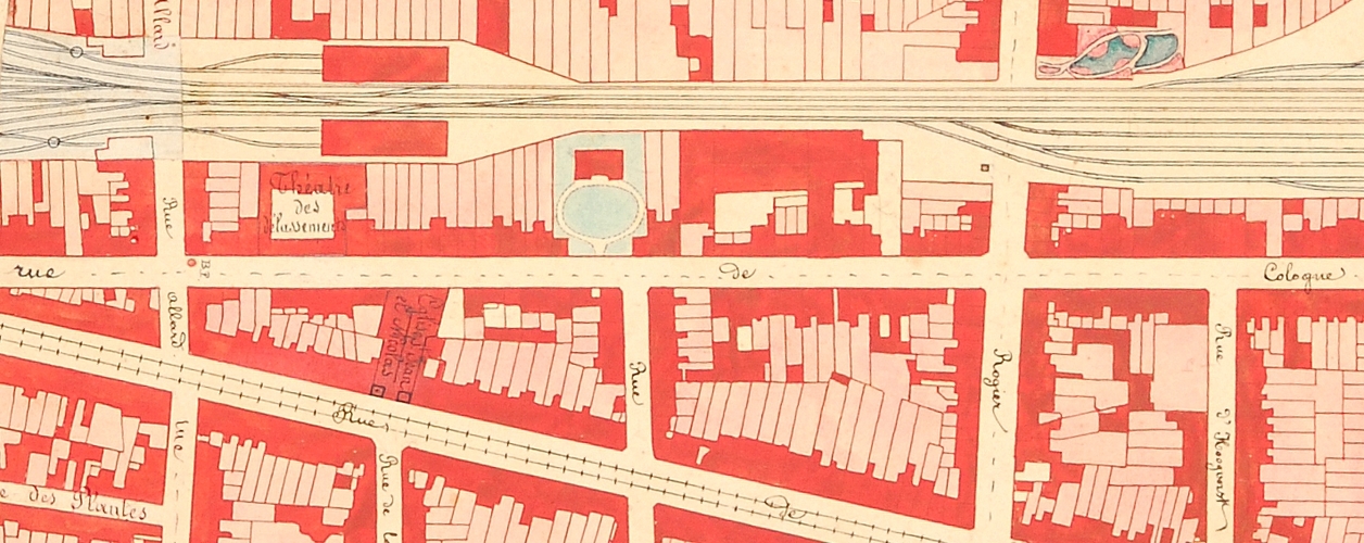 La rue d'Aerschot encore bâtie côté impair, détail du [i]Plan de la commune de Schaerbeek 1876[/i], dressé par l'Institut géographique national (Institut géographique national).