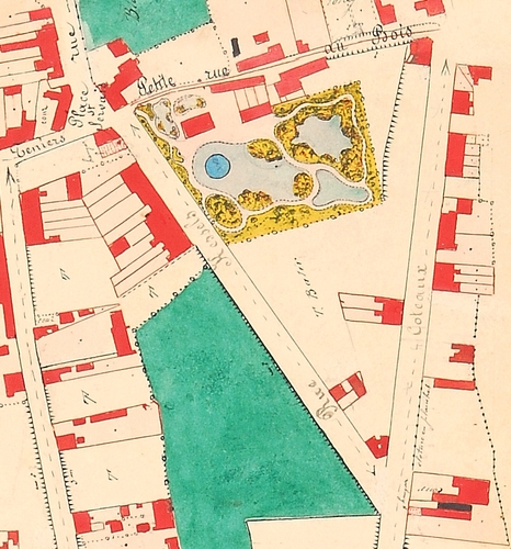 Detail uit  [i]Plan de la commune de Schaerbeek 1870[/i], met zicht op de Kesselsstraat (Nationaal Geografisch Instituut).