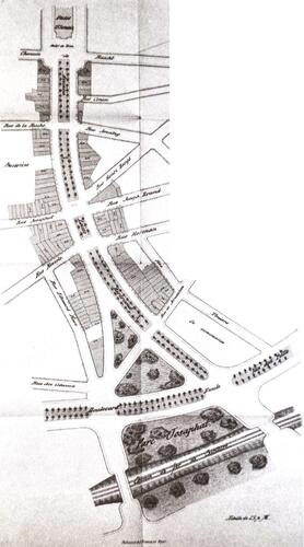 Plan de l'avenue Louis Bertrand figurant les terrains à vendre (HANOSSET, Y., MARCHI, Ch., [i]L'avenue Louis Bertrand et le parc Josaphat[/i], Bruxelles, Ville d'Art et d'Histoire, Solibel Édition, Bruxelles, 1995, p. 10).