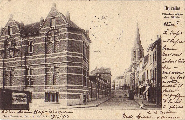 Rue Colonel Van Gele, anc. Rue des Bluedts, vue vers la place Van Meyel, cachet de la poste de 1904 (Collection de Dexia Banque)