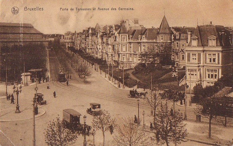 Boulevard de l'Yser, anciennement avenue des Germains depuis la Porte de Tervueren ; cachet de la poste de 1913 (Collection de Dexia Banque)