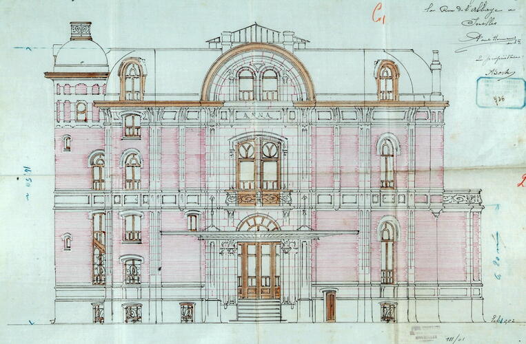 Rue de l’Abbaye (démoli), élévation de l’hôtel particulier de l’artiste peintre Anna Boch, arch. Paul Hermanus, ACI/Urb. 312-282 (1901)