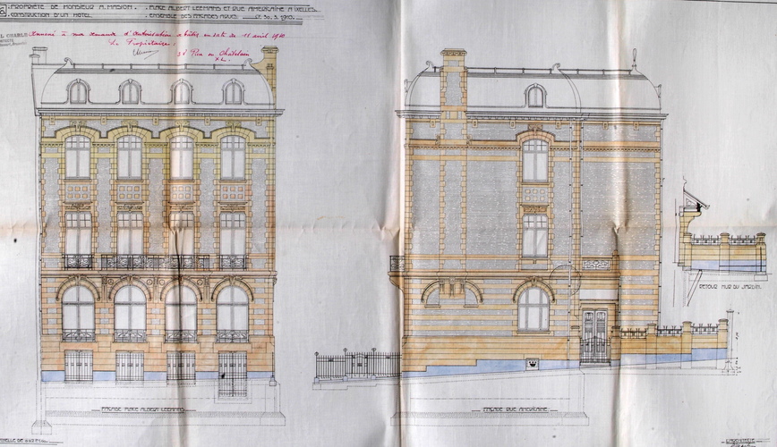 À l’angle de la place A. Leemans, rue Américaine 164, façades de l’hôtel particulier par l’arch. Gabriel Charle, 1910 (démoli), ACI/Urb. 16-164 (1910).