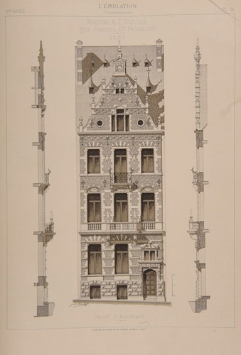 Rue Capitaine Crespel, [i]À l’Olivier[/i], ancien n° 27 (démoli), architecte Jules Brunfaut, 1883 ([i]L’émulation[/i], 11, 1885, pl. 38).