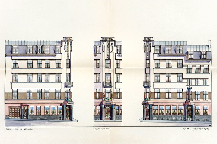 Keienveldstraat 1-3 en de Stassartstraat 66-68, gevelopstand [i]Hôtel Chevaliers[/i] n.o.v. arch. François Van Stichel, GAE/DS 95-68 (1931).