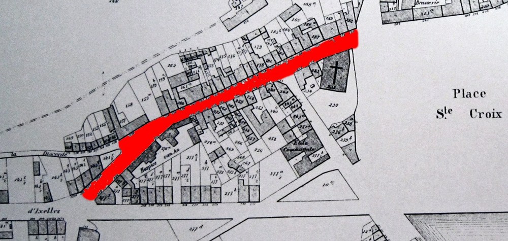 Rue de Vergnies en 1866 (POPP, P. C., Atlas cadastral de Belgique, Plan parcellaire de la commune d’Ixelles avec les mutations, Bruxelles, 1866. Détail).