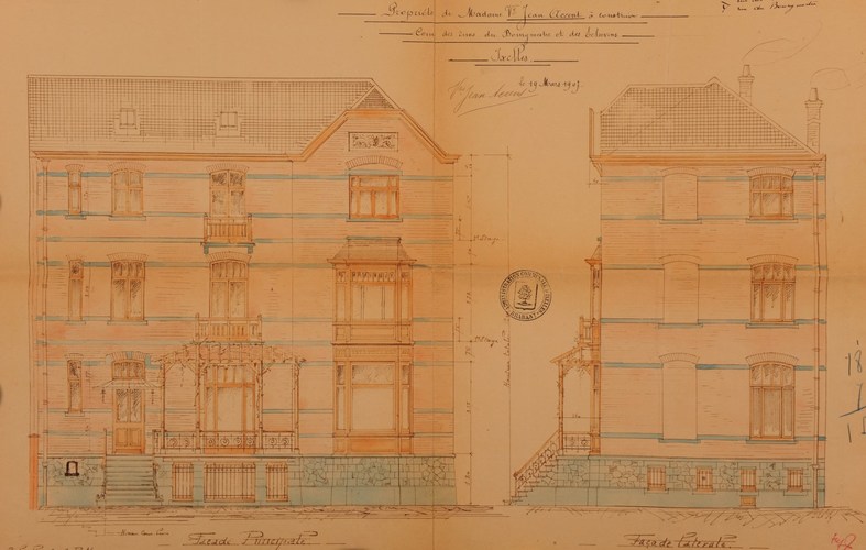À l'angle de l'avenue du Bourgmestre, maison par l'architecte Félix De Ridder (démolie), élévation, ACI/Urb. 104-82 (1907).