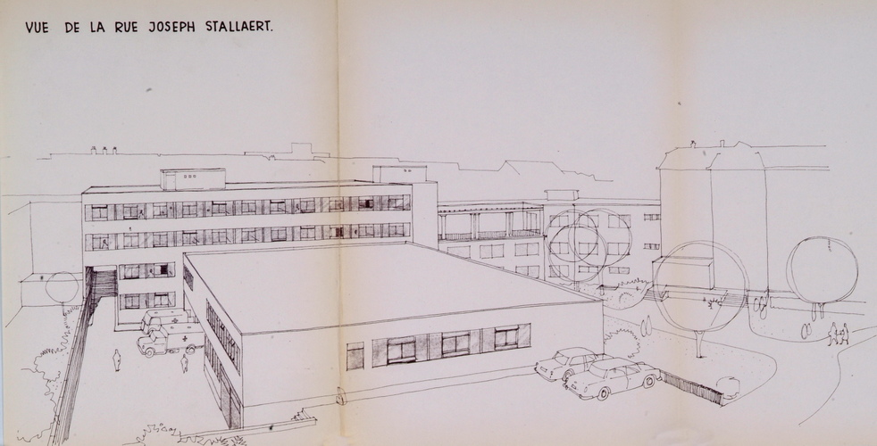 Rue Edmond Picard 18, avant-projet pour la nouvelle aile de l’Institut National du Sang, vue panoramique, Bureau J. Wybauw, ACI/Urb. 106-18 (1964).