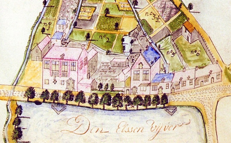 Van links naar rechts de brouwerijen [i]Saint-Hubert[/i] en [i]De Sterre[/i], in het midden van de 18de eeuw (©ARA, Kaarten en plannen in handschrift, 8676/A).