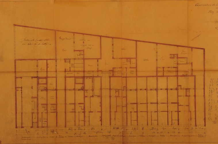 Rue J. Van Volsem 43 à 27, plan de lotissement et immobilier de G. de Lhonneux, réalisé par l’architecte E. Allard, ACI/Urb. 179-27-43 (1878).