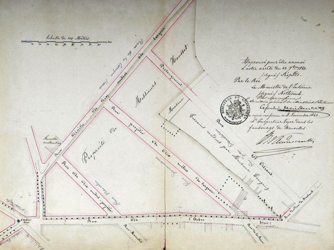 Plan van aanleg van de Opperstraat en de Langehaagstraat en de verlenging van de Mercelisstraat, koninklijk besluit van 23.09.1843 (GAE/OW 21)