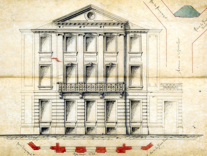 Rue du Prince Royal 108 – place Stéphanie 20 – rue de la Grosse Tour 2, élévation du bâtiment initial, ACI/Urb. 257-108 (1872).