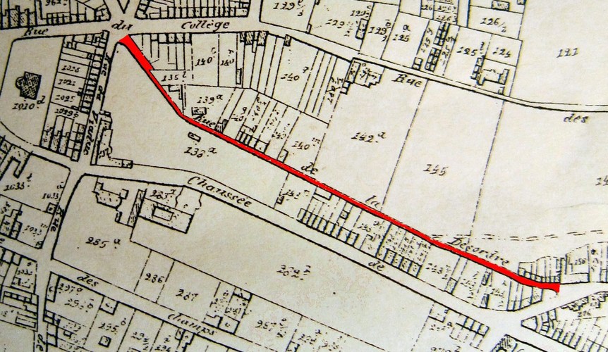 Rue de de la Discorde, aujourd'hui rue de Venise, en 1866, (POPP, P. C., Atlas cadastral de Belgique, Plan parcellaire de la commune d’Ixelles avec les mutations, Bruxelles, 1866. Détail).