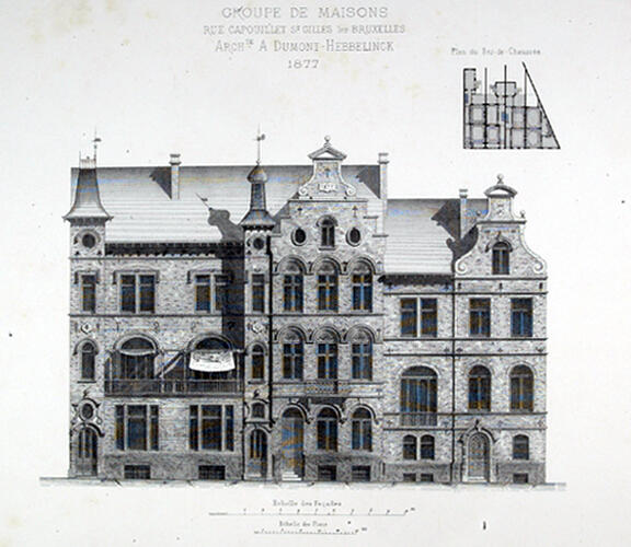 Verdwenen huizen Capouilletstraat 11 tot 21, n.o.v. arch. Albert Dumont en Auguste Hebbelinck (L’Émulation, 1884, col. 135, pl. 48)