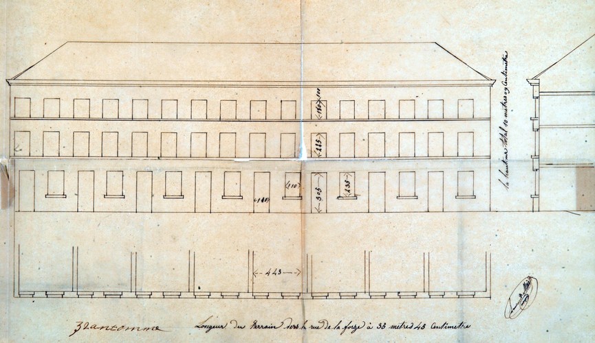 Elévation des 14 maisons ouvrièrs du côté impair de la r. de la Forge, ACSG/Urb. 3328 (1893).