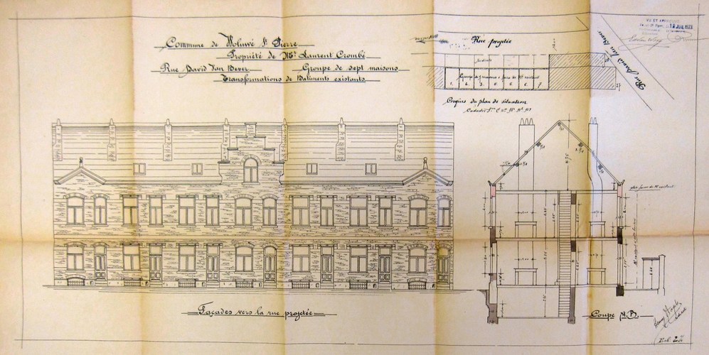 Projet non réalisé pour la construction de 7 maisons d'habitation, élévations et plan, ACWSP/Urb. 519 (1923).