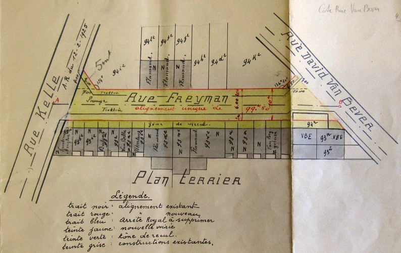 Plan ter verbreeding van de Rémi Fraeymanstraat bijgevoegd aan het KB van 06.11.1931, GASPW/DS rooilijnen 14 R. Fraeyman.