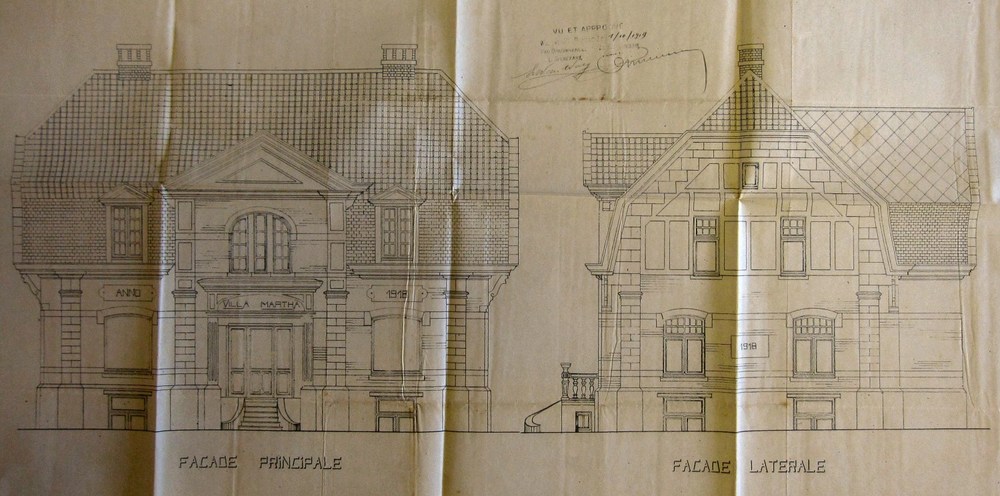 Rue Kelle 192 (démoli), Villa Martha de 1918, élévation de la façade principale et de la façade latérale, ACWSP/Urb. 24 (1919).