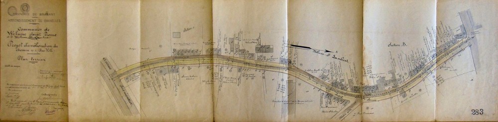 Plan général d'élargissement de la rue Kelle datant de 1909, repris en 1921 et seulement approuvé et exécuté par l'AR du 12.02.1923, ACWSP/Urb. alignements 9 Kelle.