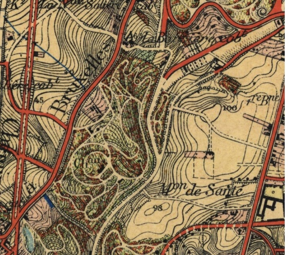 Détail de la zone du futur parc Duden avec les premiers sentiers sinueux, carte topographique de Bruxelles et environs, 1904 (SPRB, Service Monuments et Sites).