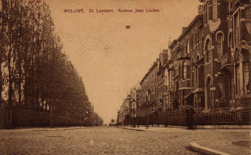 Avenue Albert Jonnart, vue depuis la rue de Linthout avec, à gauche, la propriété Vergote (Musée communal de Woluwe-Saint-Lambert, collection de cartes postales Daniel Frankignoul).