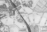 La rue de Gravelines coupée par la voie ferrée, avant enfouissement de celle-ci sous le bd Clovis, Bruxelles et ses environs, Institut cartographique militaire, 1881, © KBR, Cartes et Plans