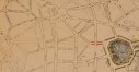 La rue Gutenberg, correspondant aux futurs premiers numéros du square du même nom, prolongée en pointillés jusqu’à la place Madou, détail du plan de transformation de la partie nord-est du quartier Léopold dessiné par Gédéon Bordiau, AVB/PP 956 (1879)