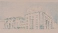 In het eerste straatgedeelte van de Filips de Goedestraat aan onpare kant, kantoor- en woningencomplex in 1989-1990 ontworpen door de Groep Planning voor de Volksverzekering, perspectief, SAB/OW 95328 (1990)